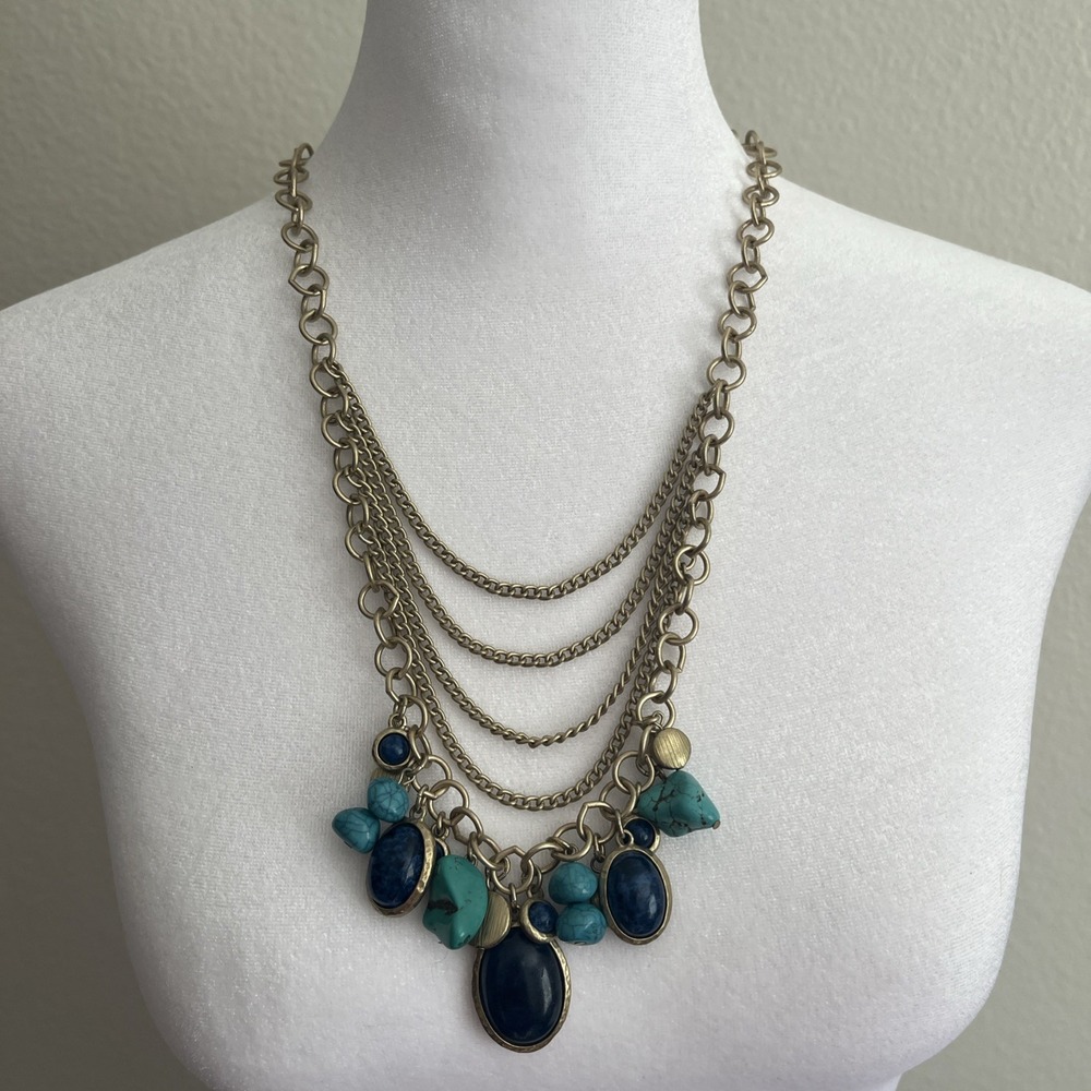 CHICO'S Denise Faux Turquoise and Cobalt Blue Dangle Necklace Multi Strand
